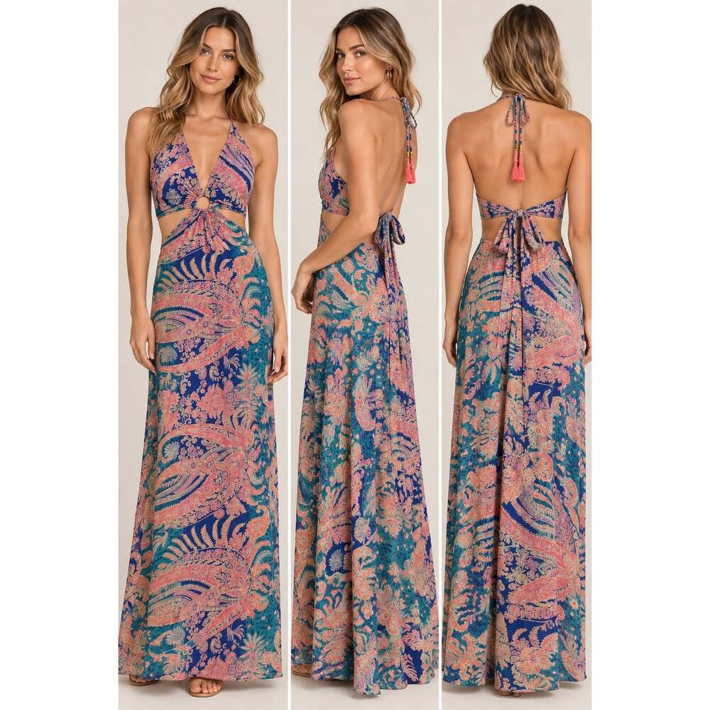 Silk Italy Paisley Maxi Dress Size Small Halter Cutout Open Back Boho Resort